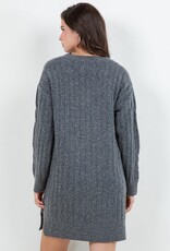 Miss Bliss Dream V Neck Rib Cable Knit Sweater Dress-Charcoal