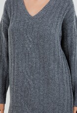 Miss Bliss Dream V Neck Rib Cable Knit Sweater Dress-Charcoal