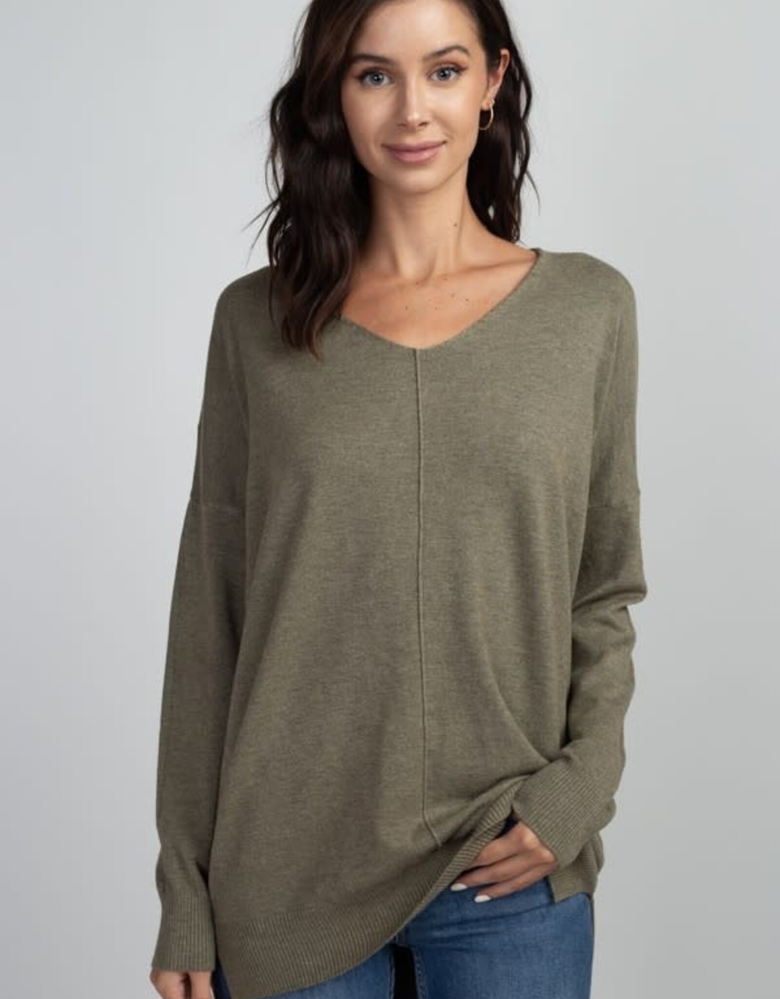 Miss Bliss Dream LS V Neck W/ Center Seam Detail- H Med Olive