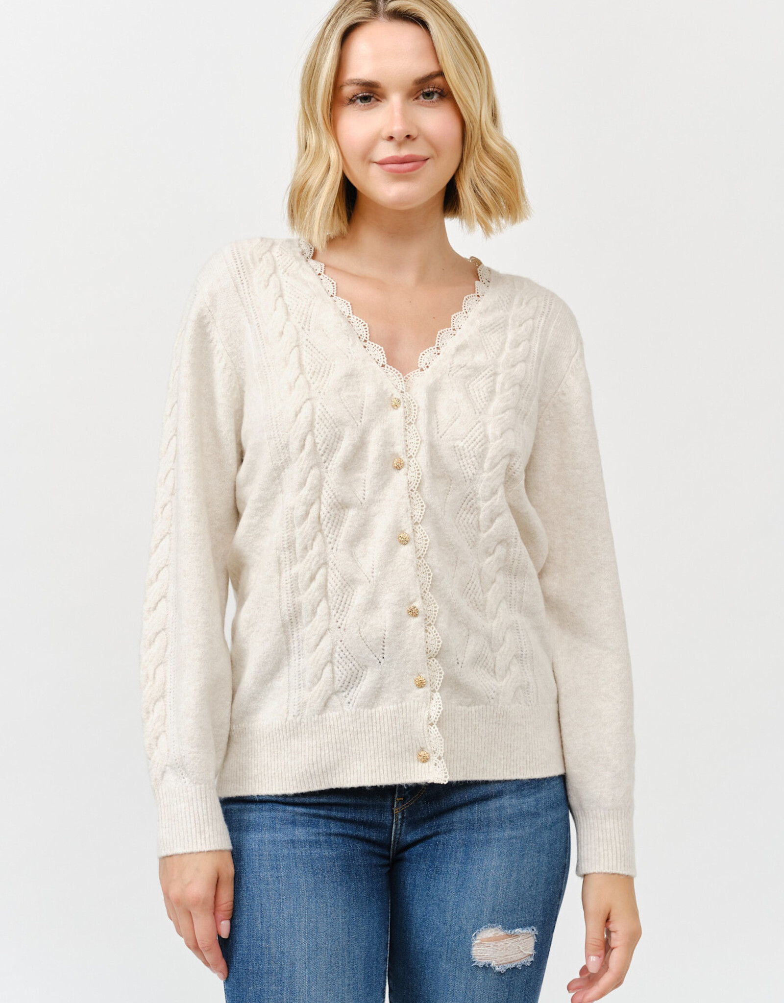 Miss Bliss Cielo Women's V Neck Golden Button Up Cardi-Ivory