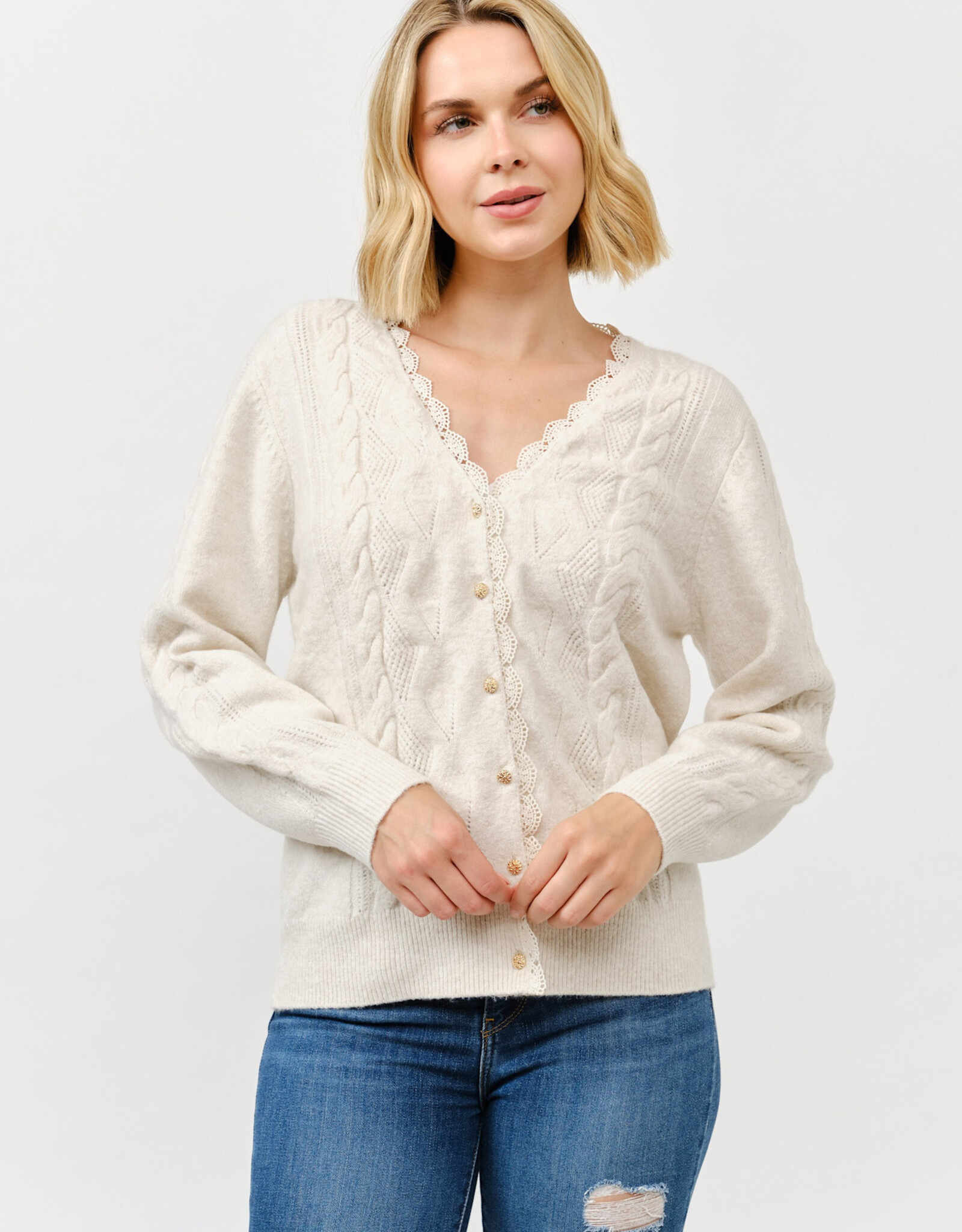 Miss Bliss Cielo Women's V Neck Golden Button Up Cardi-Ivory