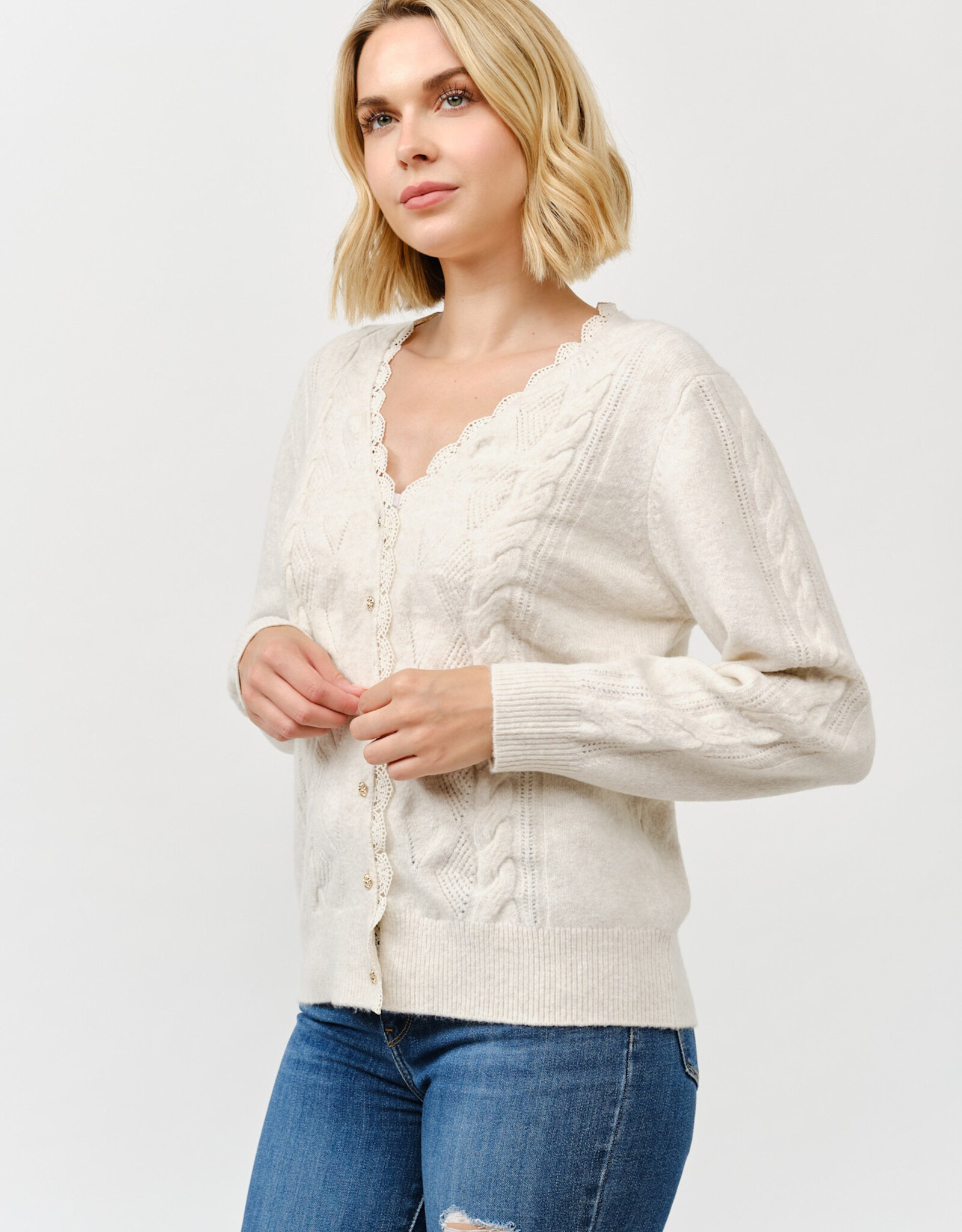 Miss Bliss Cielo Women's V Neck Golden Button Up Cardi-Ivory