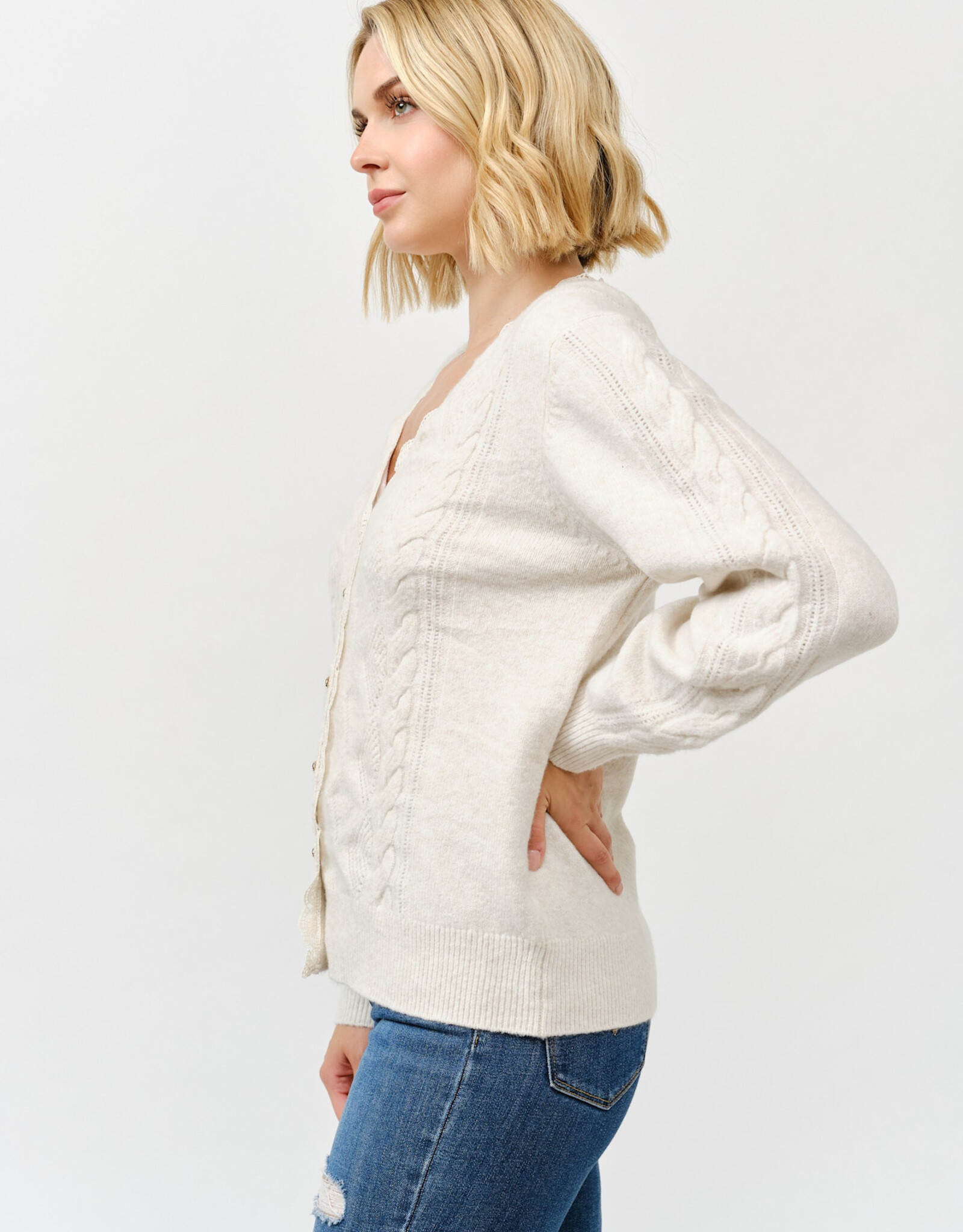 Miss Bliss Cielo Women's V Neck Golden Button Up Cardi-Ivory