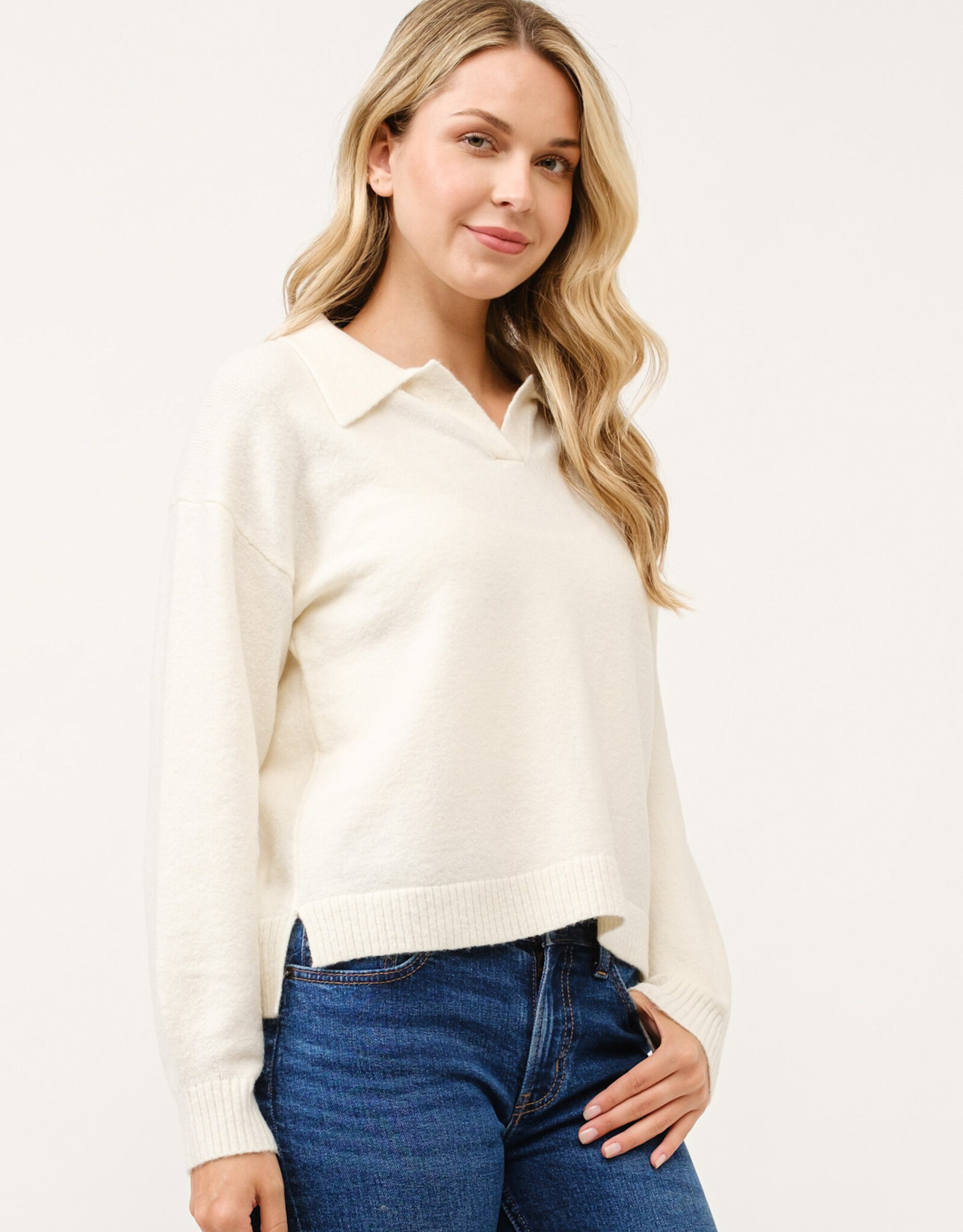 Miss Bliss Cielo Women's Polo Collared Pullover Sweater-Ivory