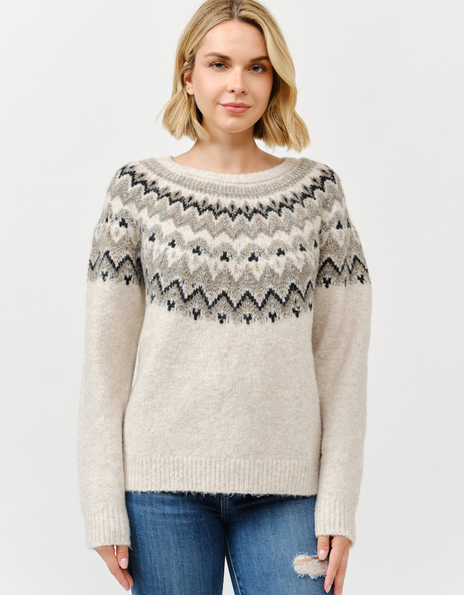 Miss Bliss Cielo Round Neck Embellished Knit Sweater-Khaki