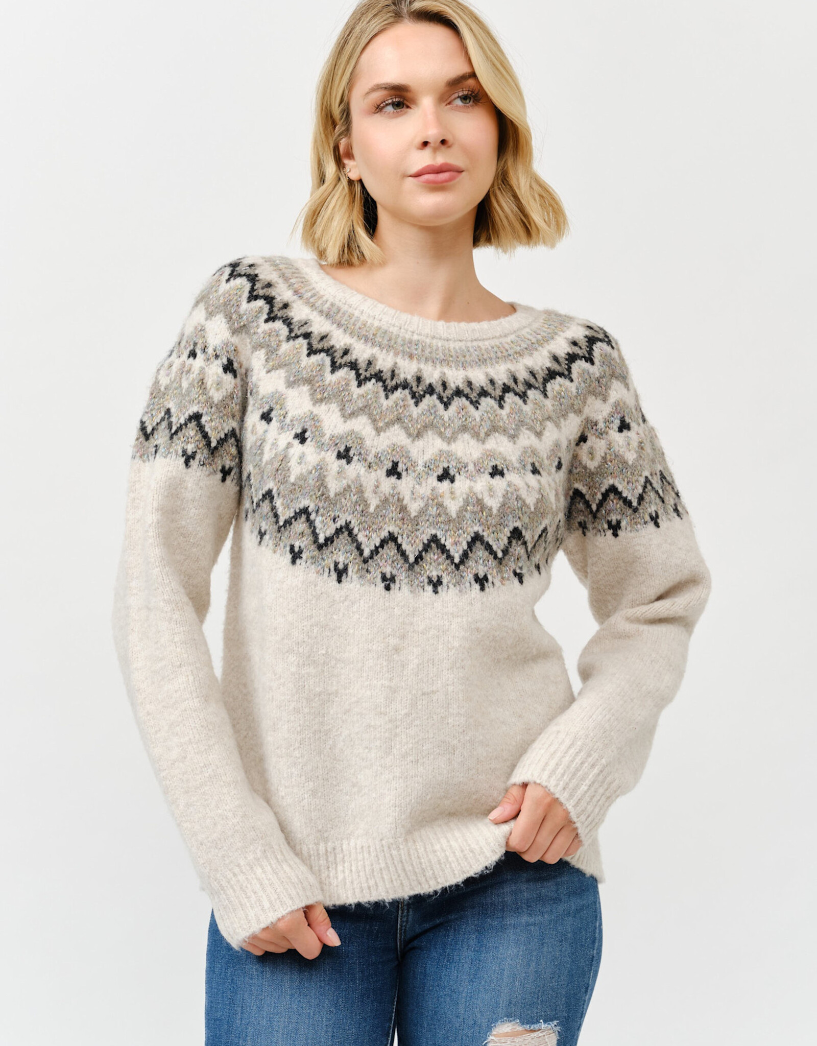 Miss Bliss Cielo Round Neck Embellished Knit Sweater-Khaki
