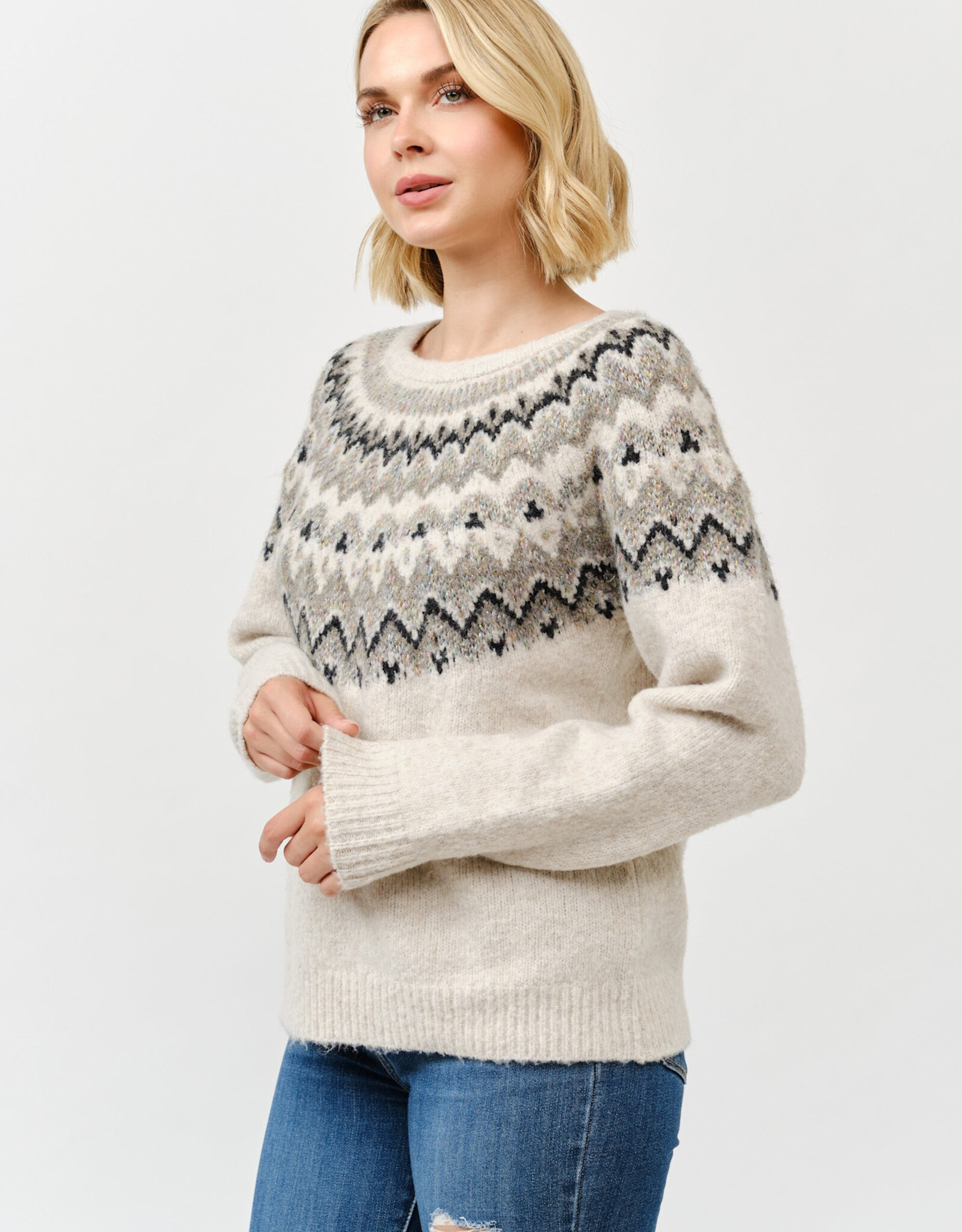 Miss Bliss Cielo Round Neck Embellished Knit Sweater-Khaki