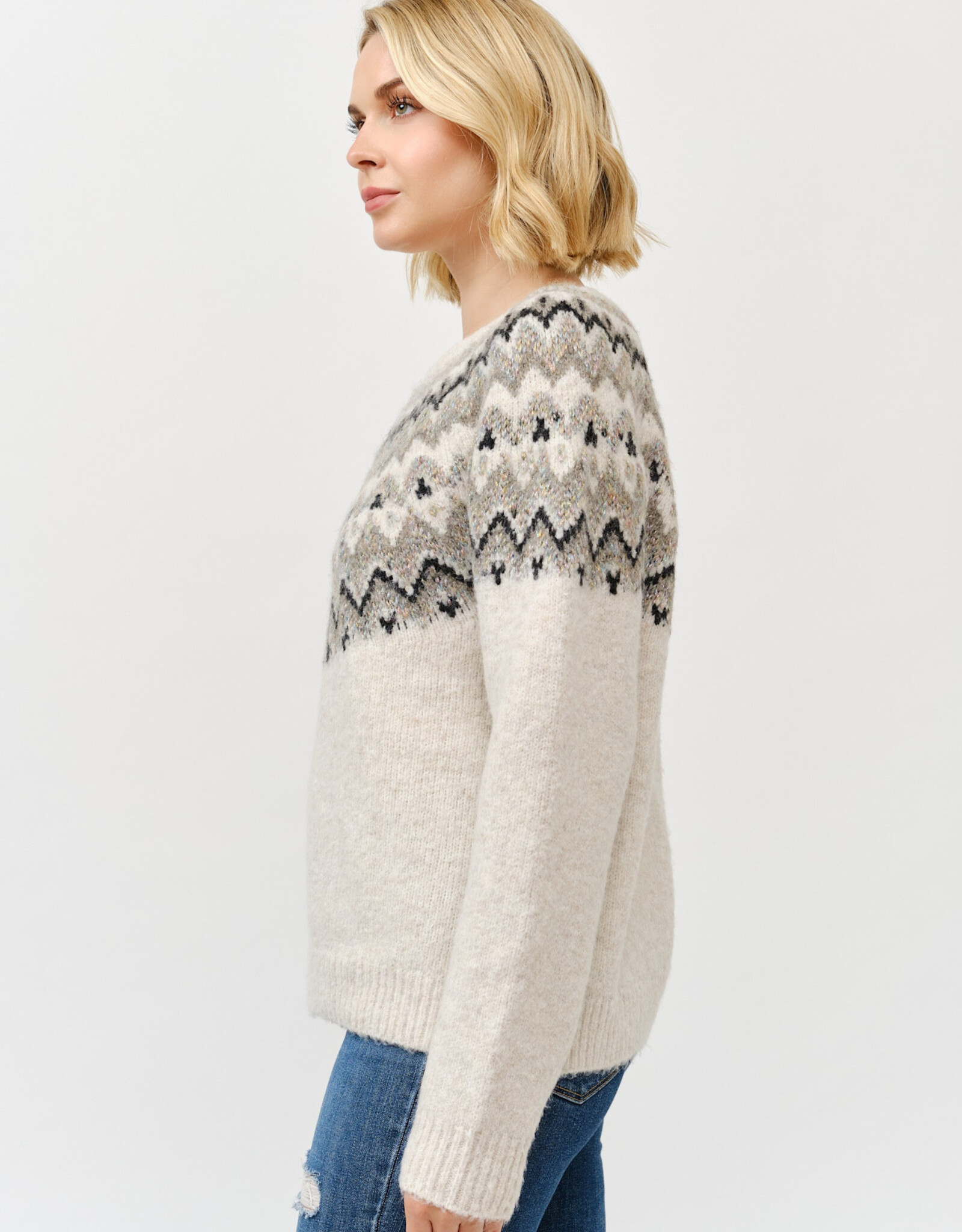 Miss Bliss Cielo Round Neck Embellished Knit Sweater-Khaki