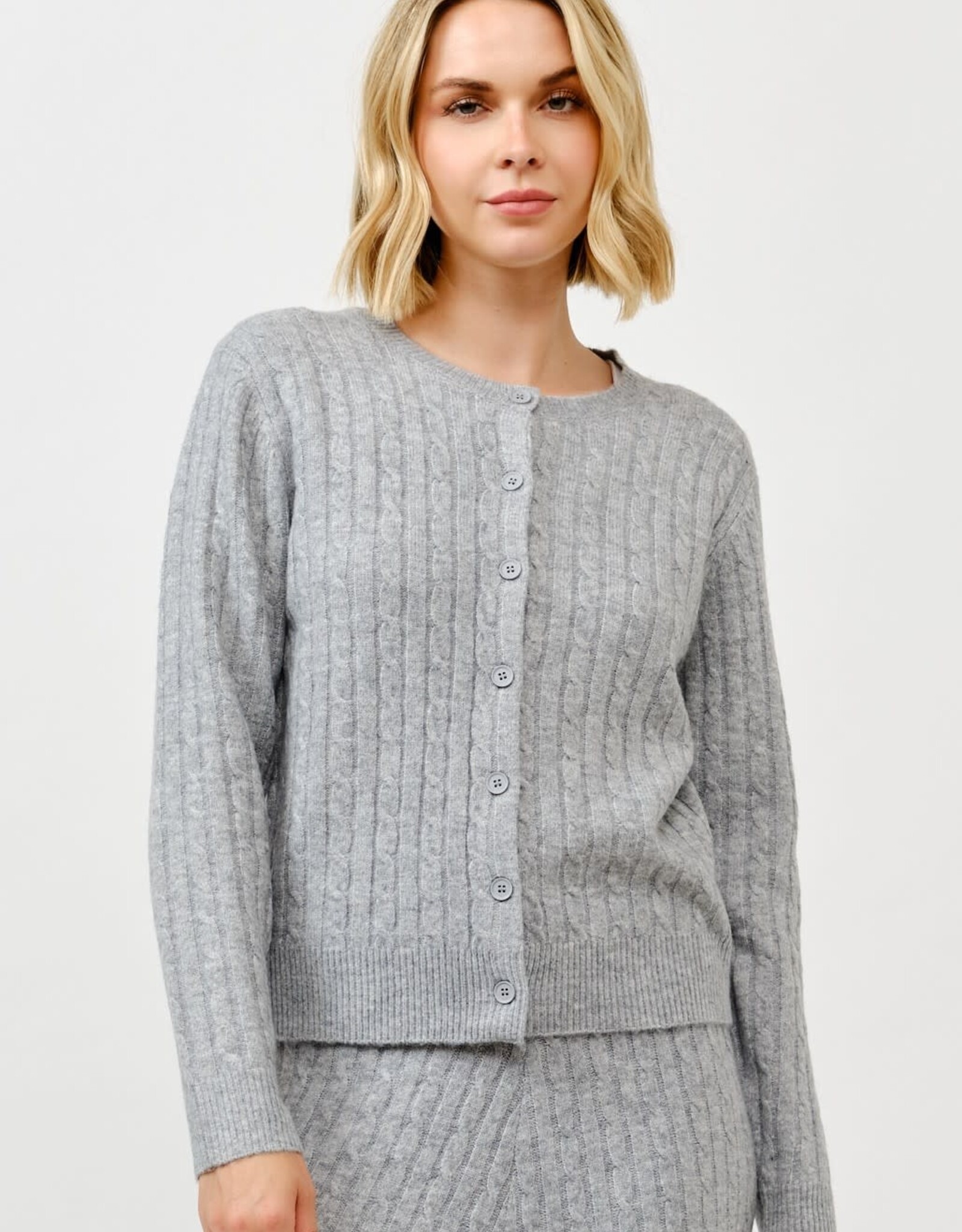 Miss Bliss Cielo Women's Button Crewneck Cable Cardigan-H Grey