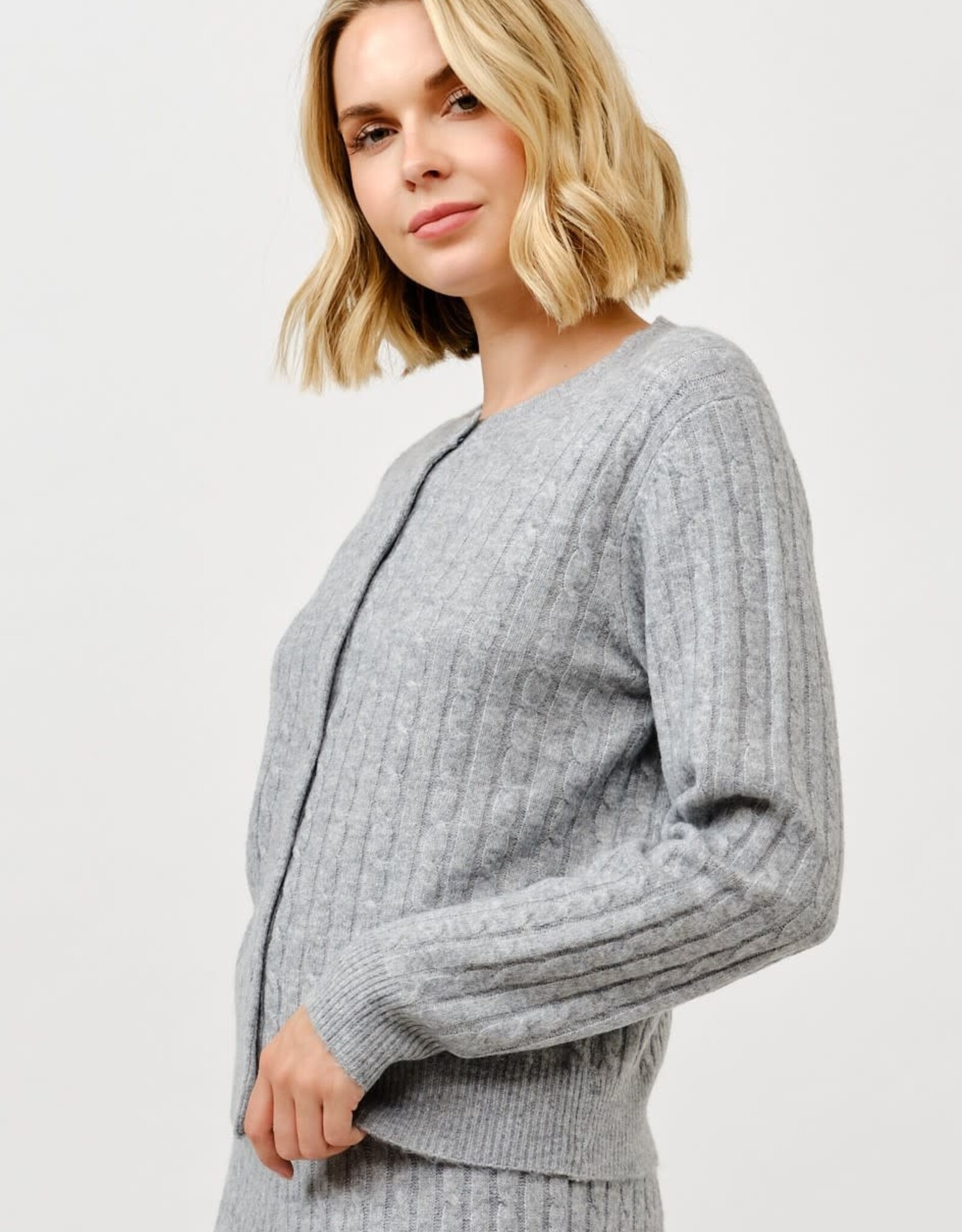 Miss Bliss Cielo Women's Button Crewneck Cable Cardigan-H Grey