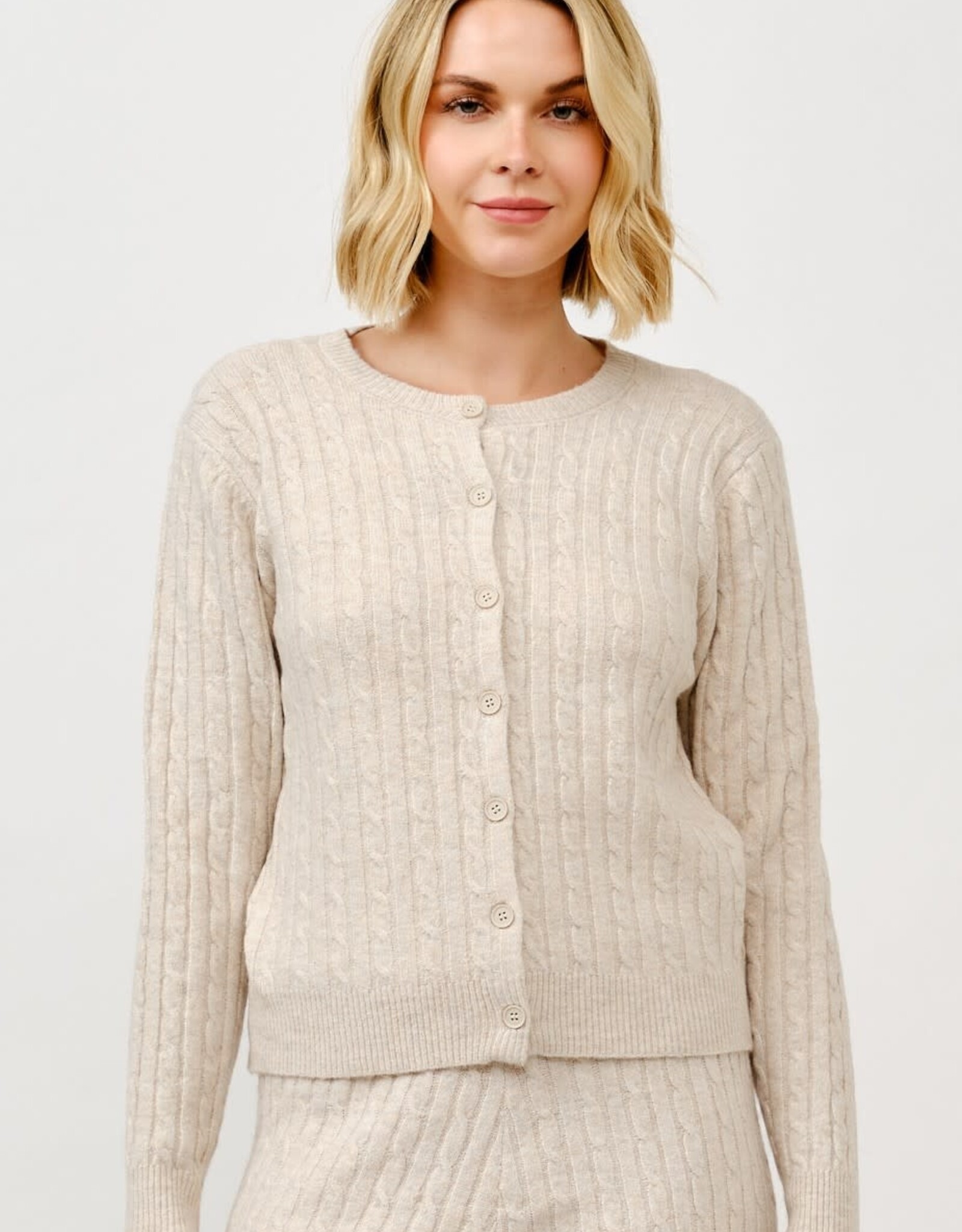 Miss Bliss Cielo Women's Button Crewneck Cable Cardigan-Khaki