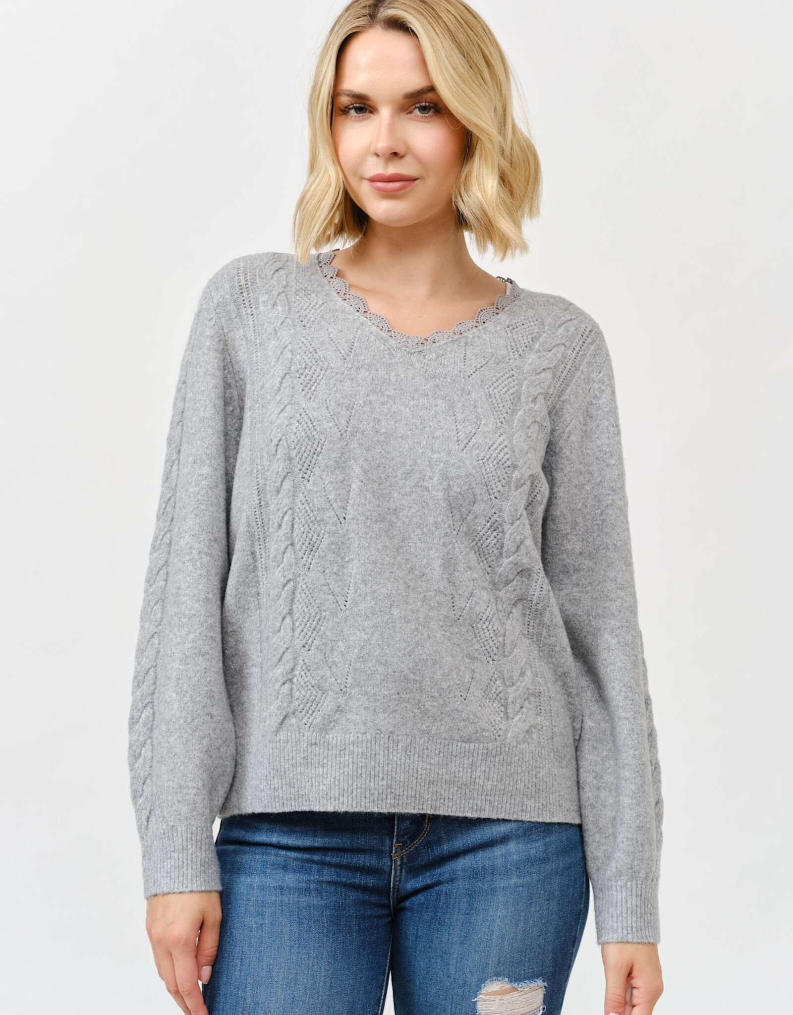 Miss Bliss Cielo Women's Lace Trim V Neck Pullover Sweater-H Grey
