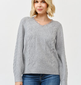 Miss Bliss Lace Trim Knit Pullover Sweater-Heather Grey