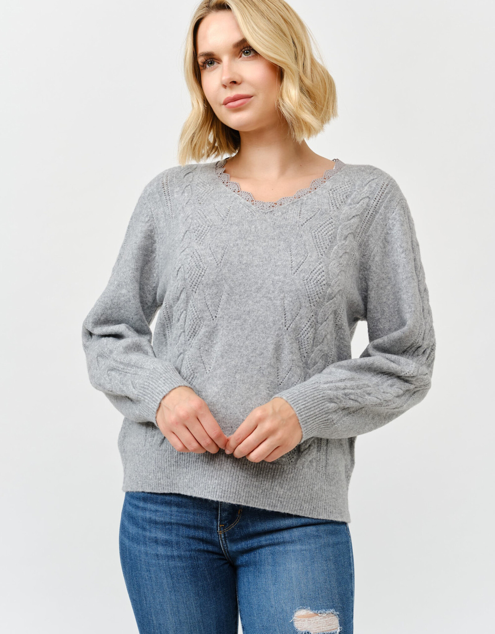 Miss Bliss Cielo Women's Lace Trim V Neck Pullover Sweater-H Grey