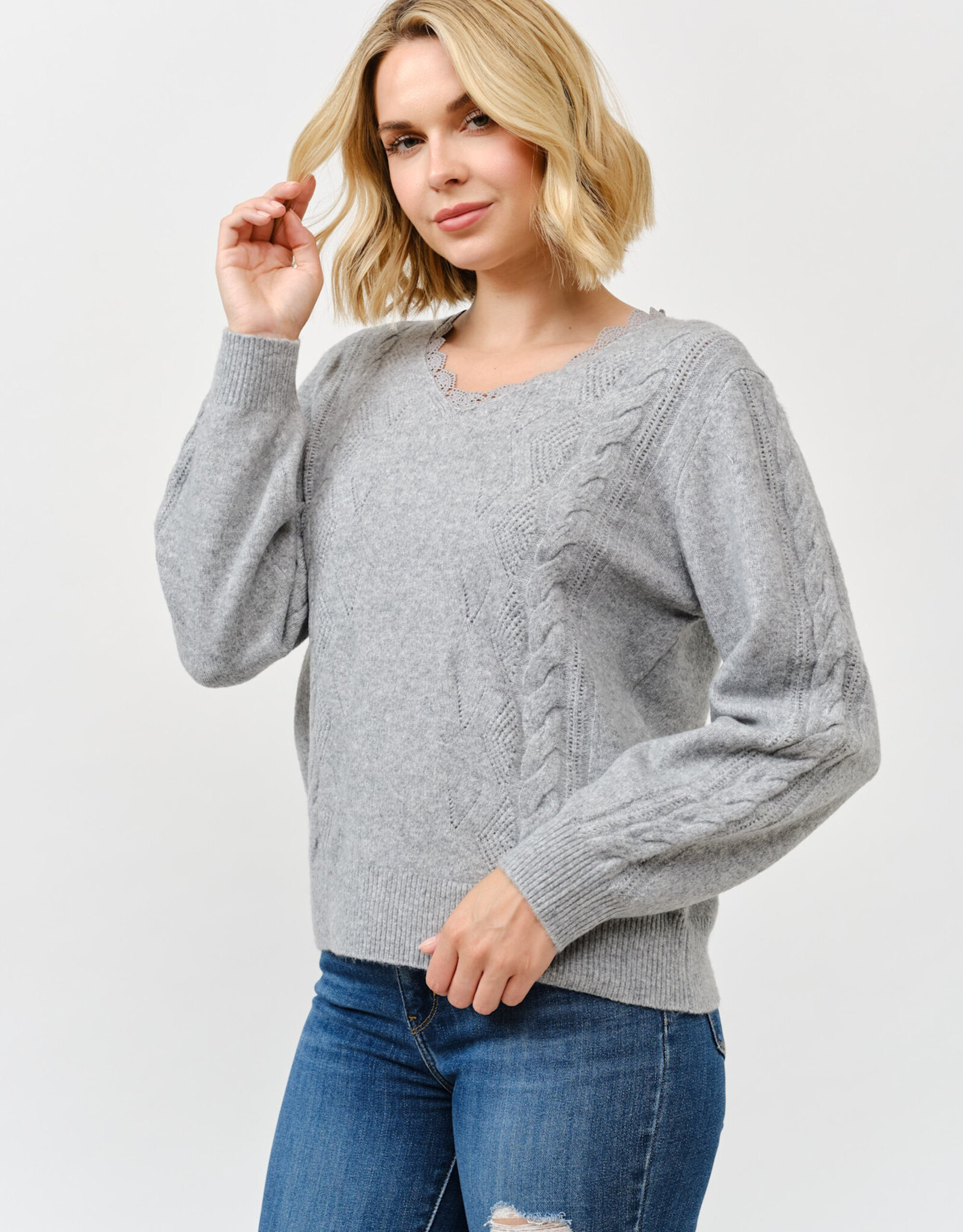 Miss Bliss Cielo Women's Lace Trim V Neck Pullover Sweater-H Grey