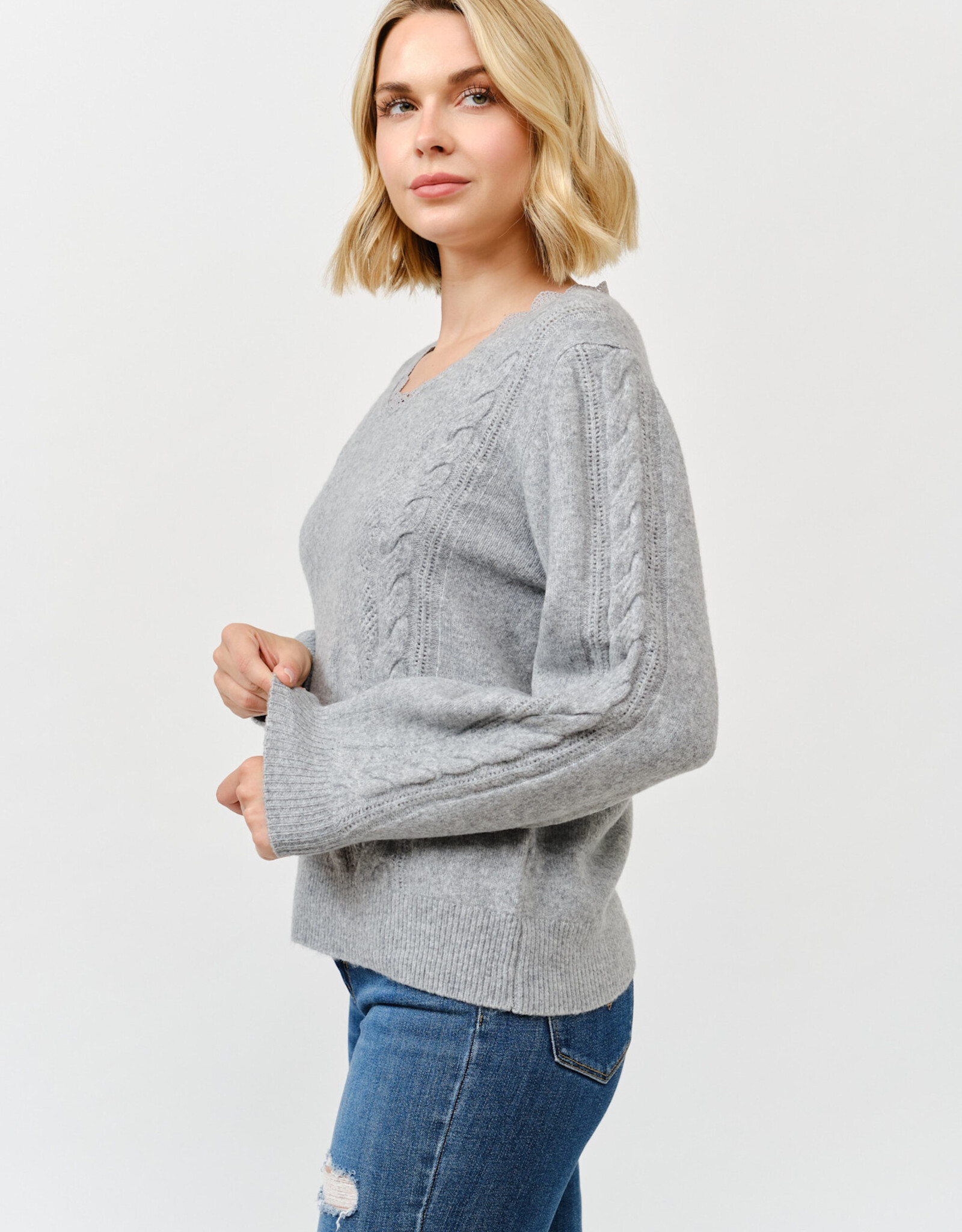 Miss Bliss Cielo Women's Lace Trim V Neck Pullover Sweater-H Grey