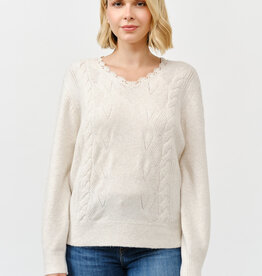 Miss Bliss Lace Trim Knit Pullover Sweater-Khaki
