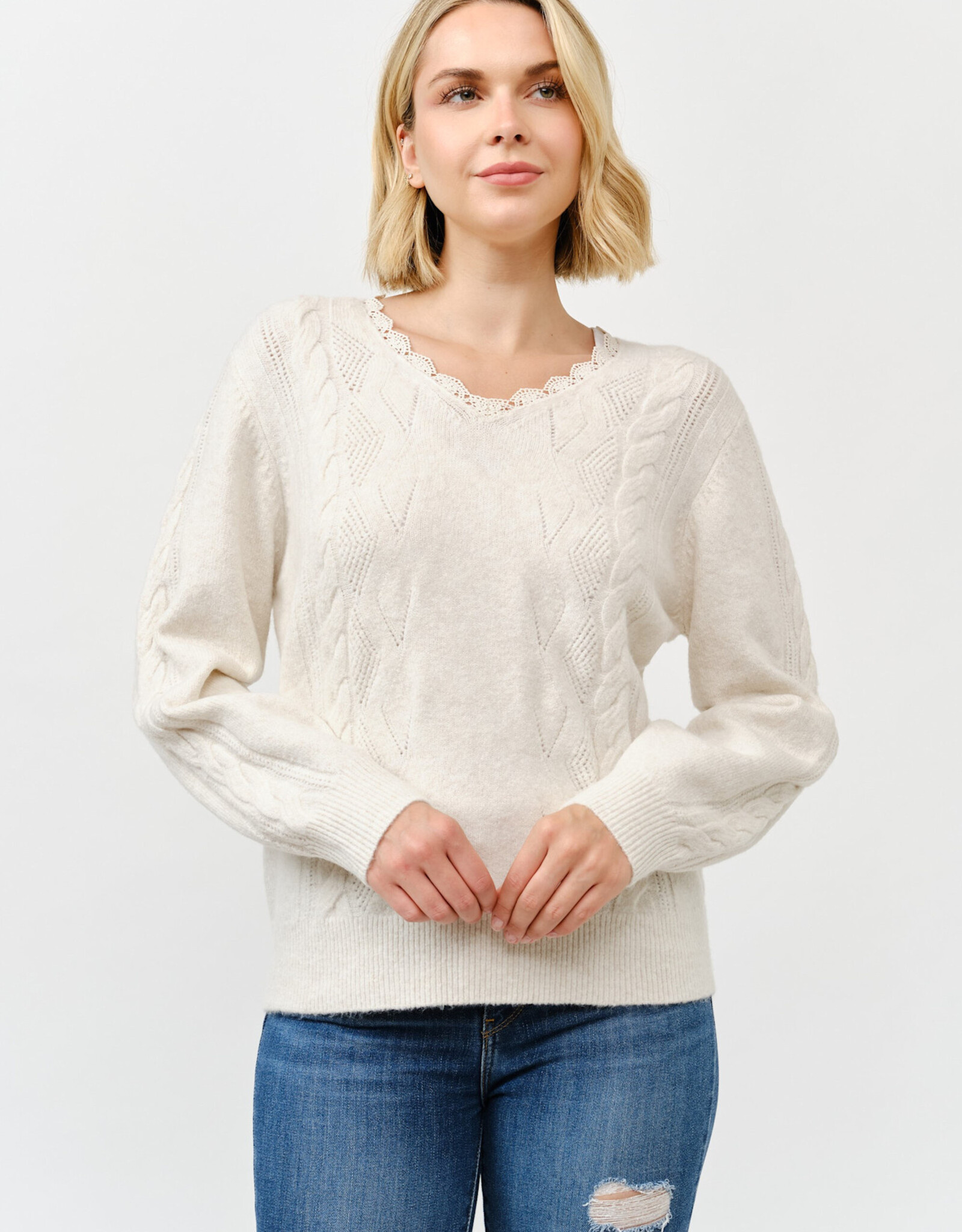 Miss Bliss Cielo Women's Lace Trim V Neck Pullover Sweater-Khaki
