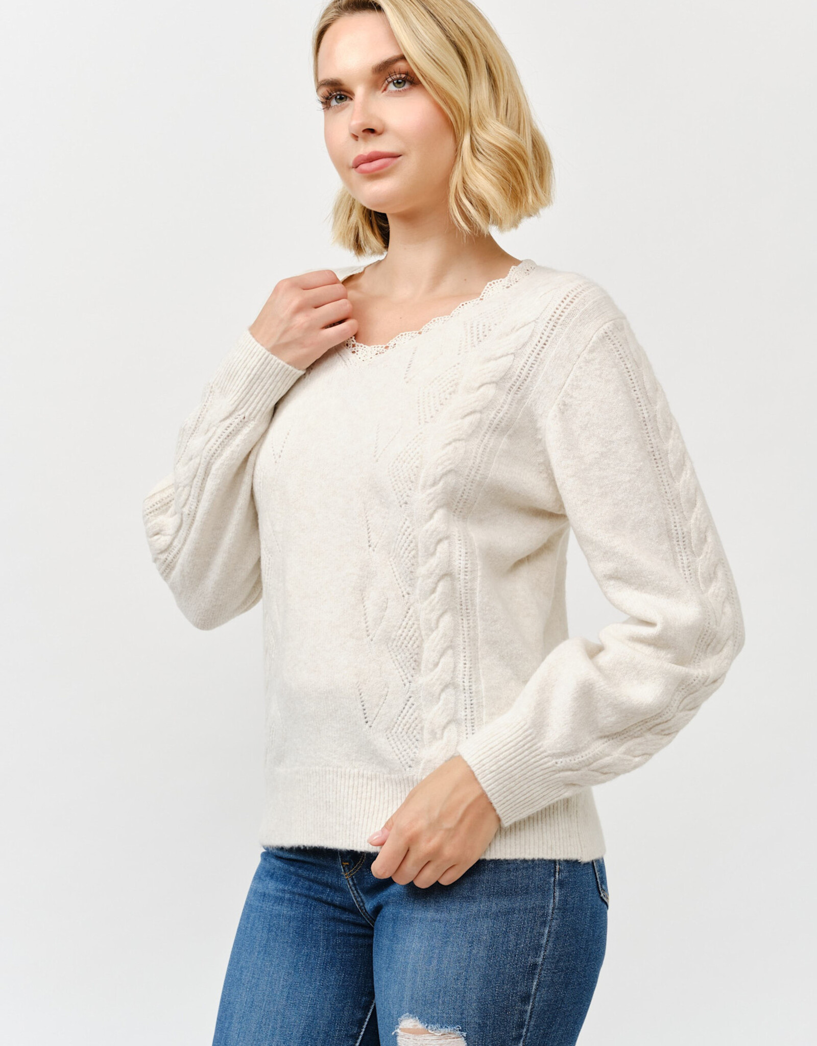 Miss Bliss Cielo Women's Lace Trim V Neck Pullover Sweater-Khaki