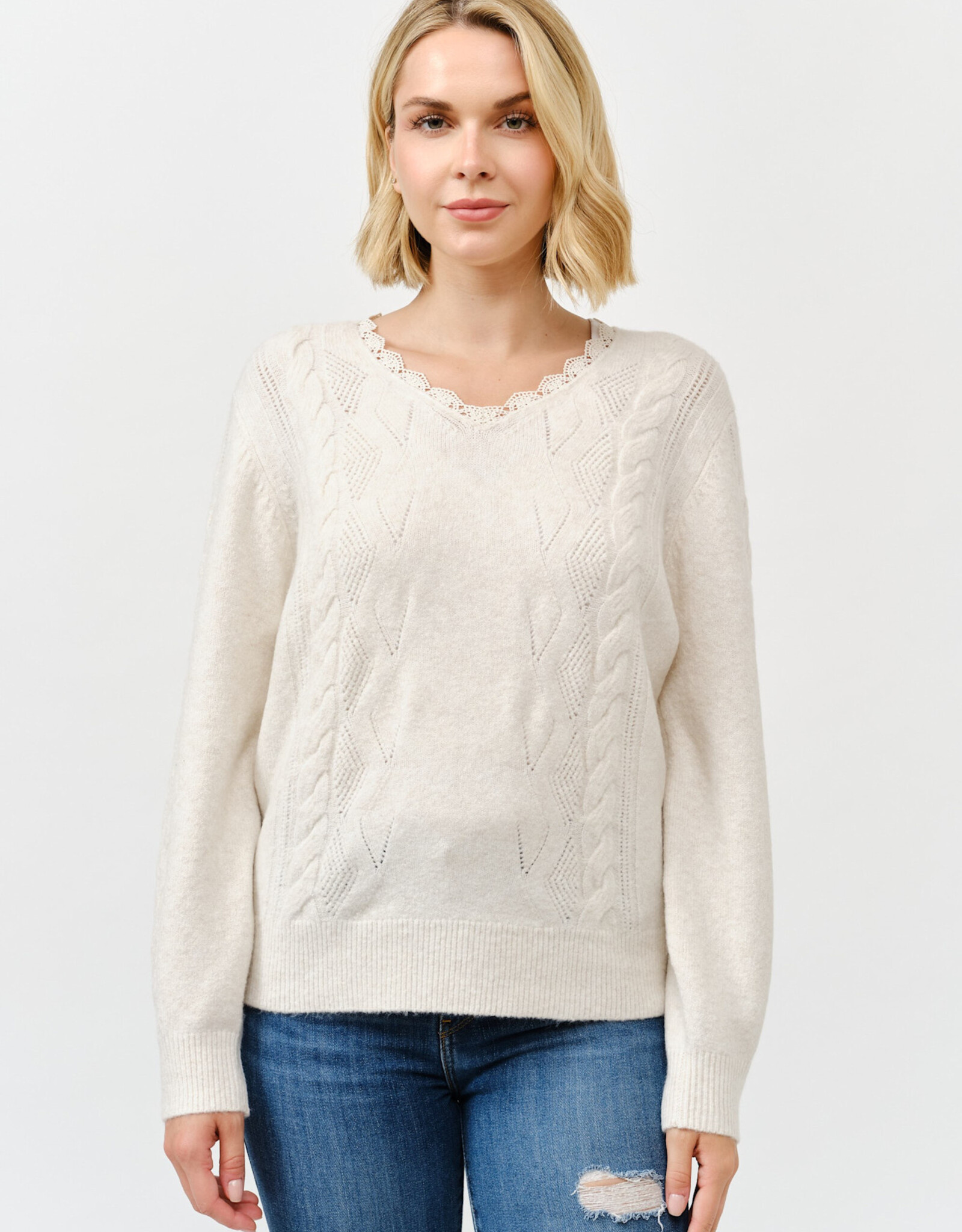 Miss Bliss Cielo Women's Lace Trim V Neck Pullover Sweater-Khaki