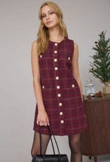 Miss Bliss Blu Plaid Tweed Button Down Sleeveless Mini Dress- Red Wood Multi