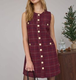 Miss Bliss Plaid Tweed Button Down Sleeveless Mini Dress- Red Wood Multi