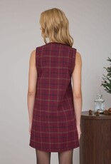Miss Bliss Blu Plaid Tweed Button Down Sleeveless Mini Dress- Red Wood Multi
