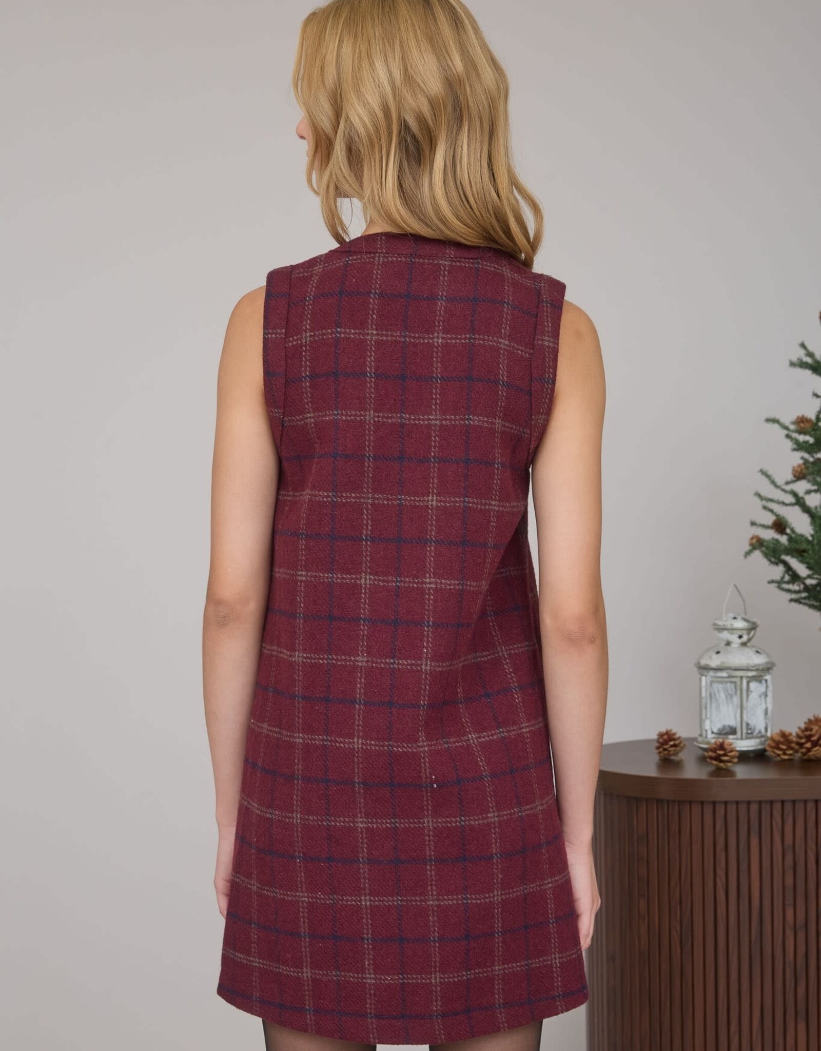 Miss Bliss Blu Plaid Tweed Button Down Sleeveless Mini Dress- Red Wood Multi