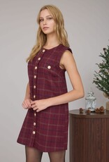 Miss Bliss Blu Plaid Tweed Button Down Sleeveless Mini Dress- Red Wood Multi