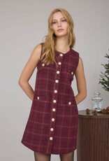 Miss Bliss Blu Plaid Tweed Button Down Sleeveless Mini Dress- Red Wood Multi