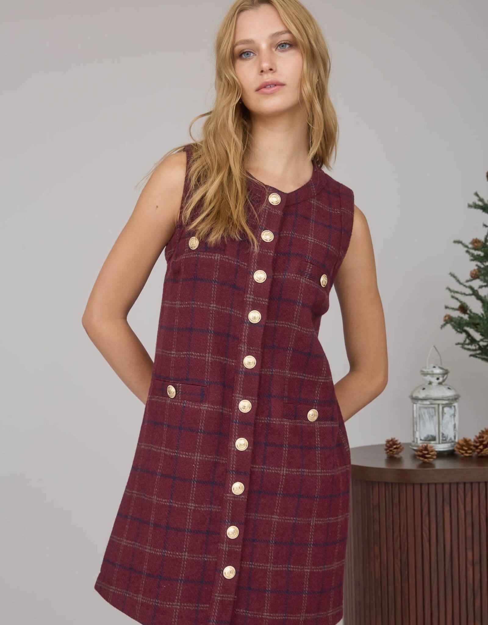 Miss Bliss Blu Plaid Tweed Button Down Sleeveless Mini Dress- Red Wood Multi