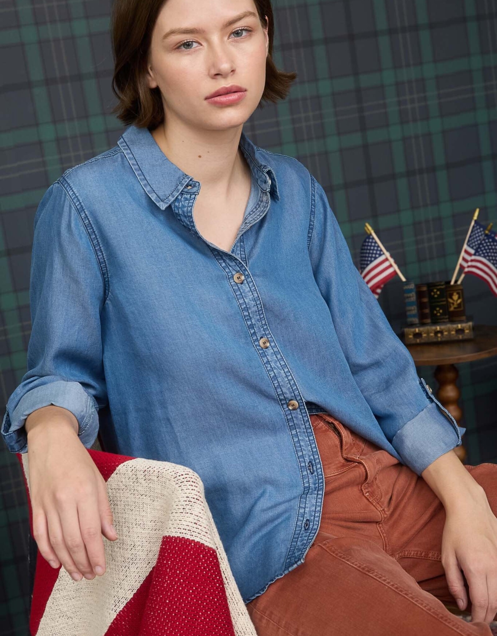 Miss Bliss Blu 3/4 Tab Sleeve Button Down Shirt- Chambray