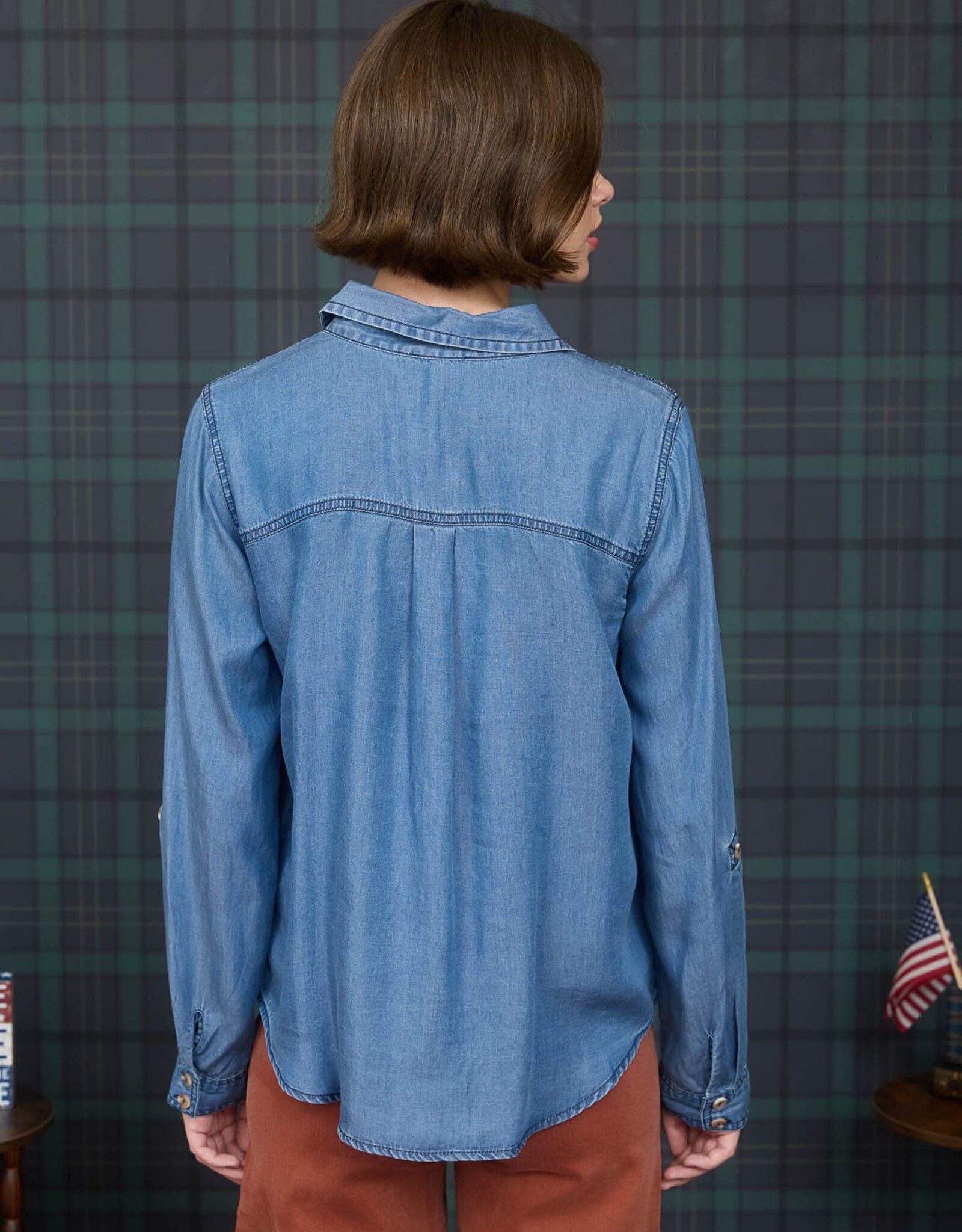 Miss Bliss Blu 3/4 Tab Sleeve Button Down Shirt- Chambray