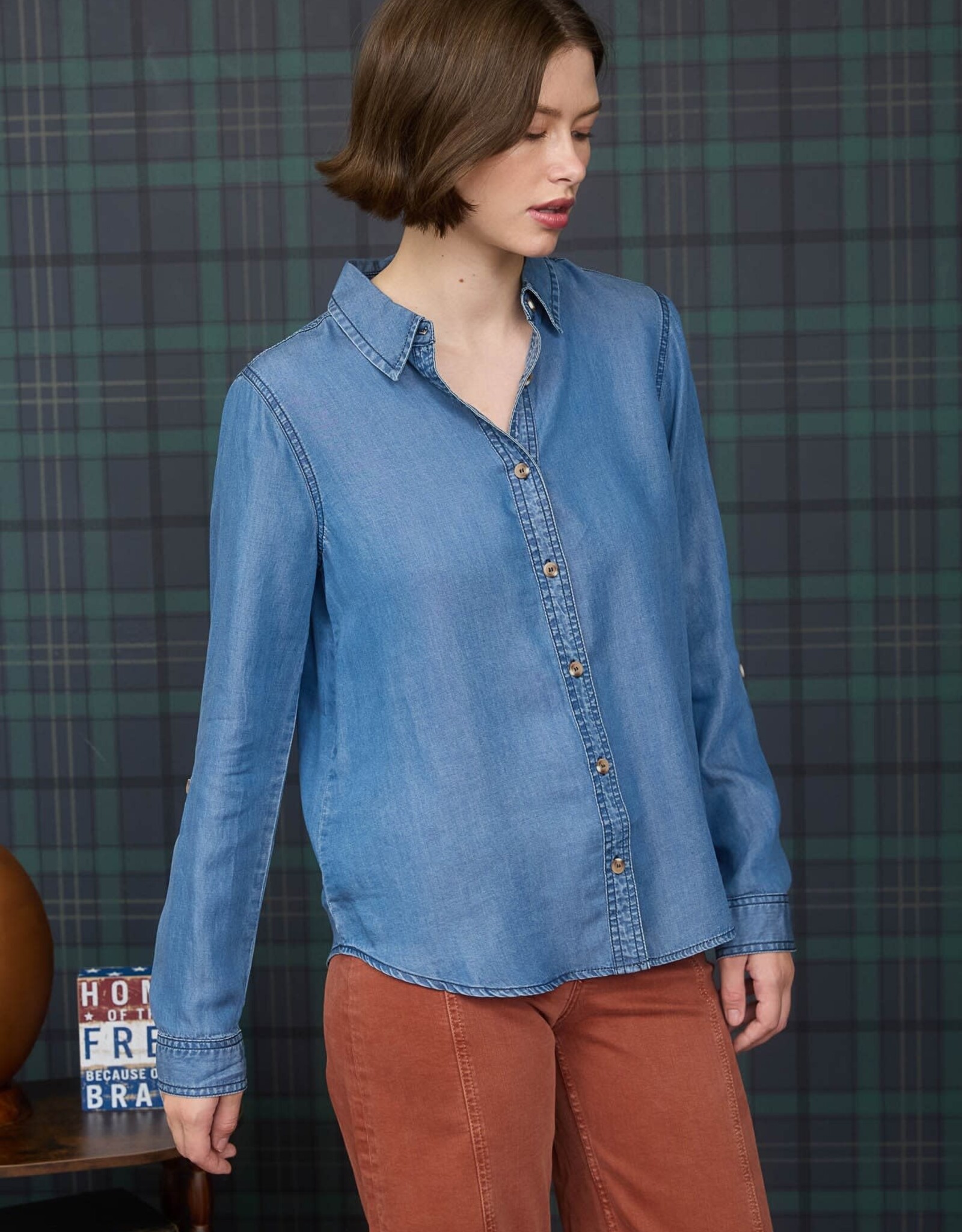 Miss Bliss Blu 3/4 Tab Sleeve Button Down Shirt- Chambray