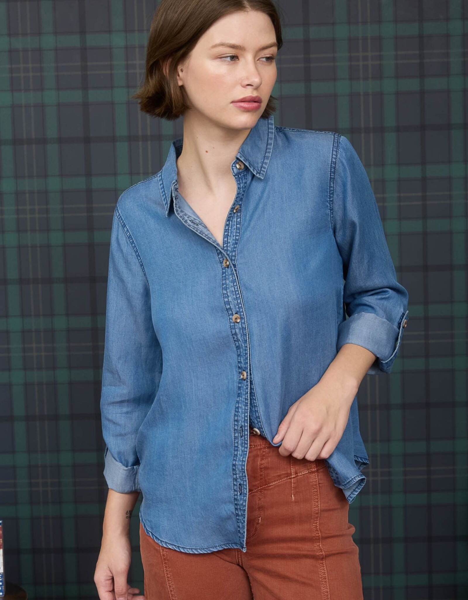 Miss Bliss Blu 3/4 Tab Sleeve Button Down Shirt- Chambray