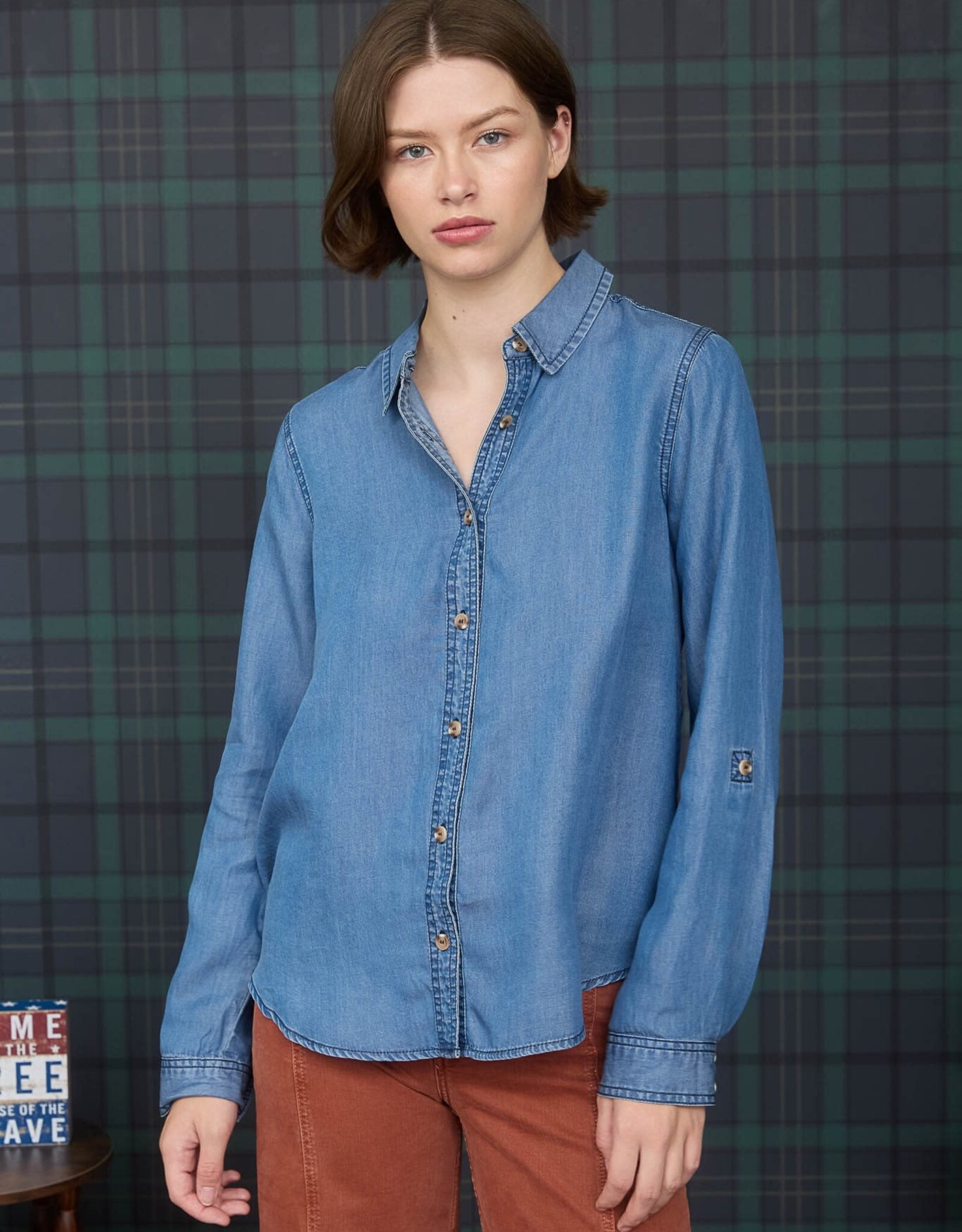 Miss Bliss Blu 3/4 Tab Sleeve Button Down Shirt- Chambray