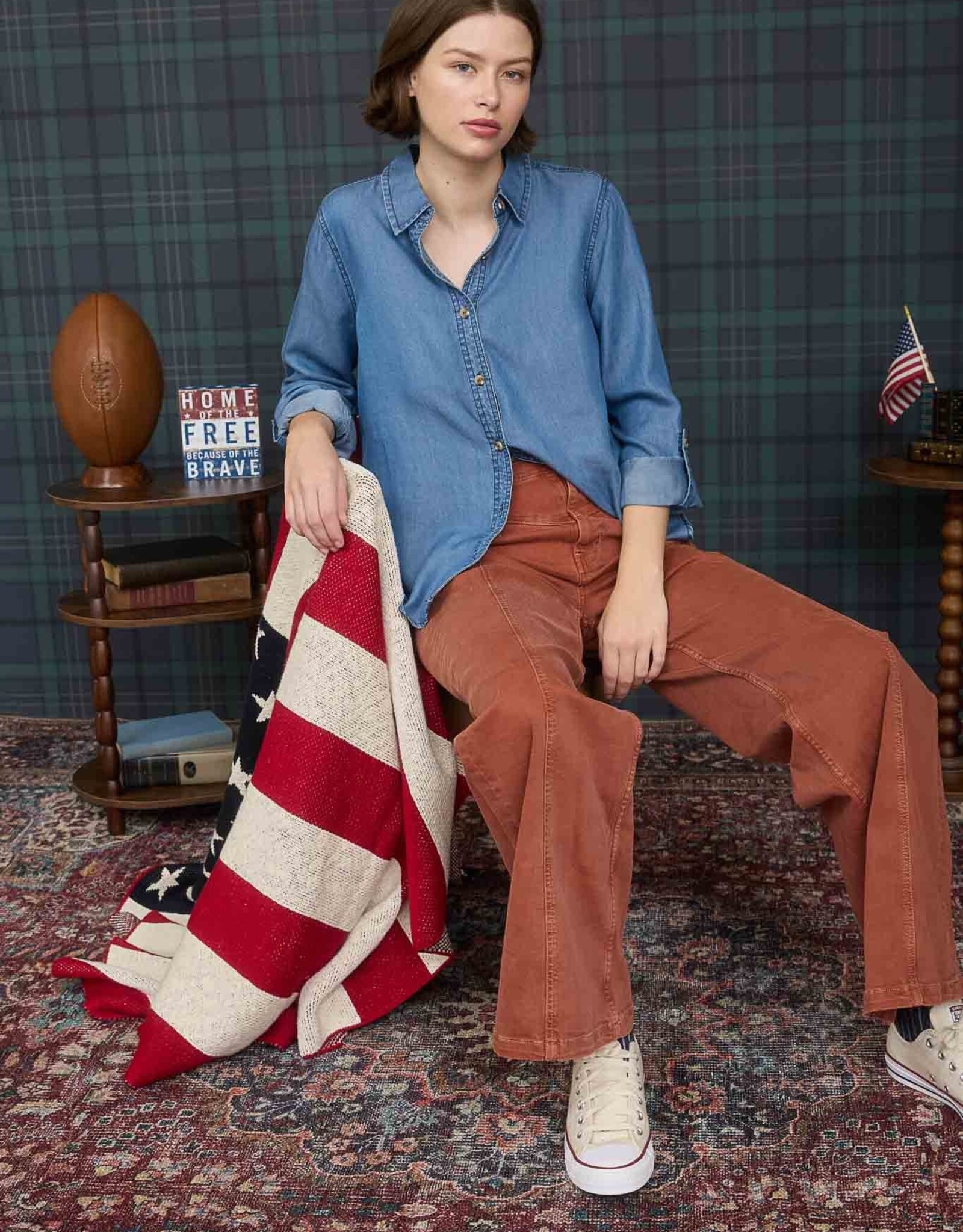 Miss Bliss Blu 3/4 Tab Sleeve Button Down Shirt- Chambray