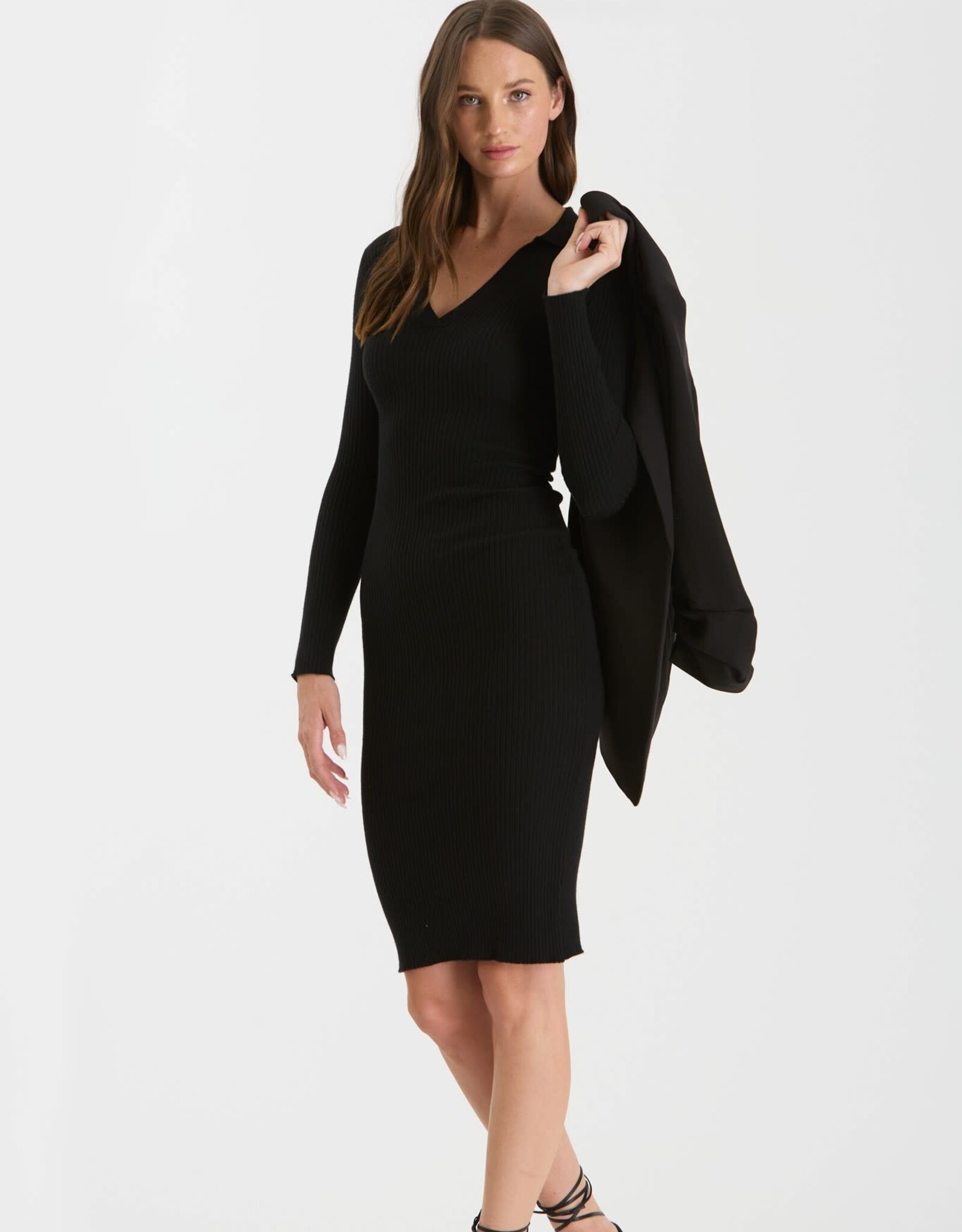 Miss Bliss Blu Collared Rib Knit Midi Dress-Black