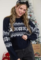 Miss Bliss Blu Snowflake Deer Cable Knit Pullover- Navy