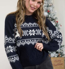 Miss Bliss Snowflake Deer Cable Knit Pullover- Navy