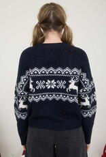 Miss Bliss Blu Snowflake Deer Cable Knit Pullover- Navy