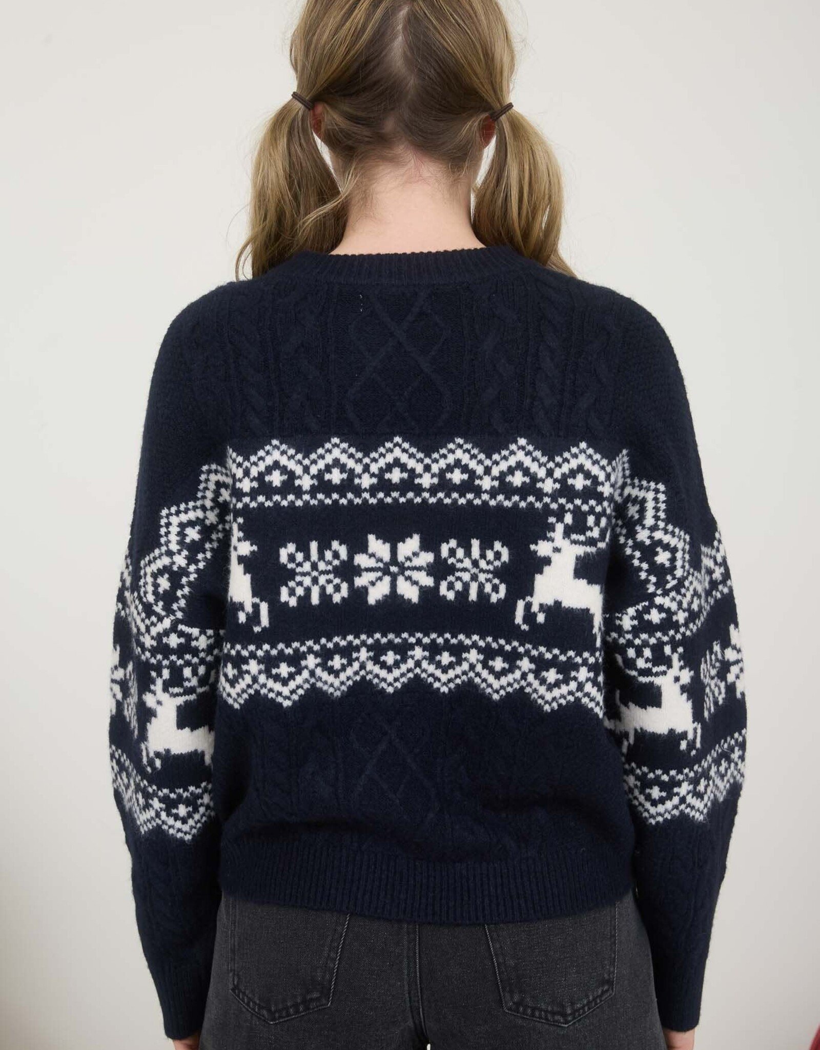 Miss Bliss Blu Snowflake Deer Cable Knit Pullover- Navy