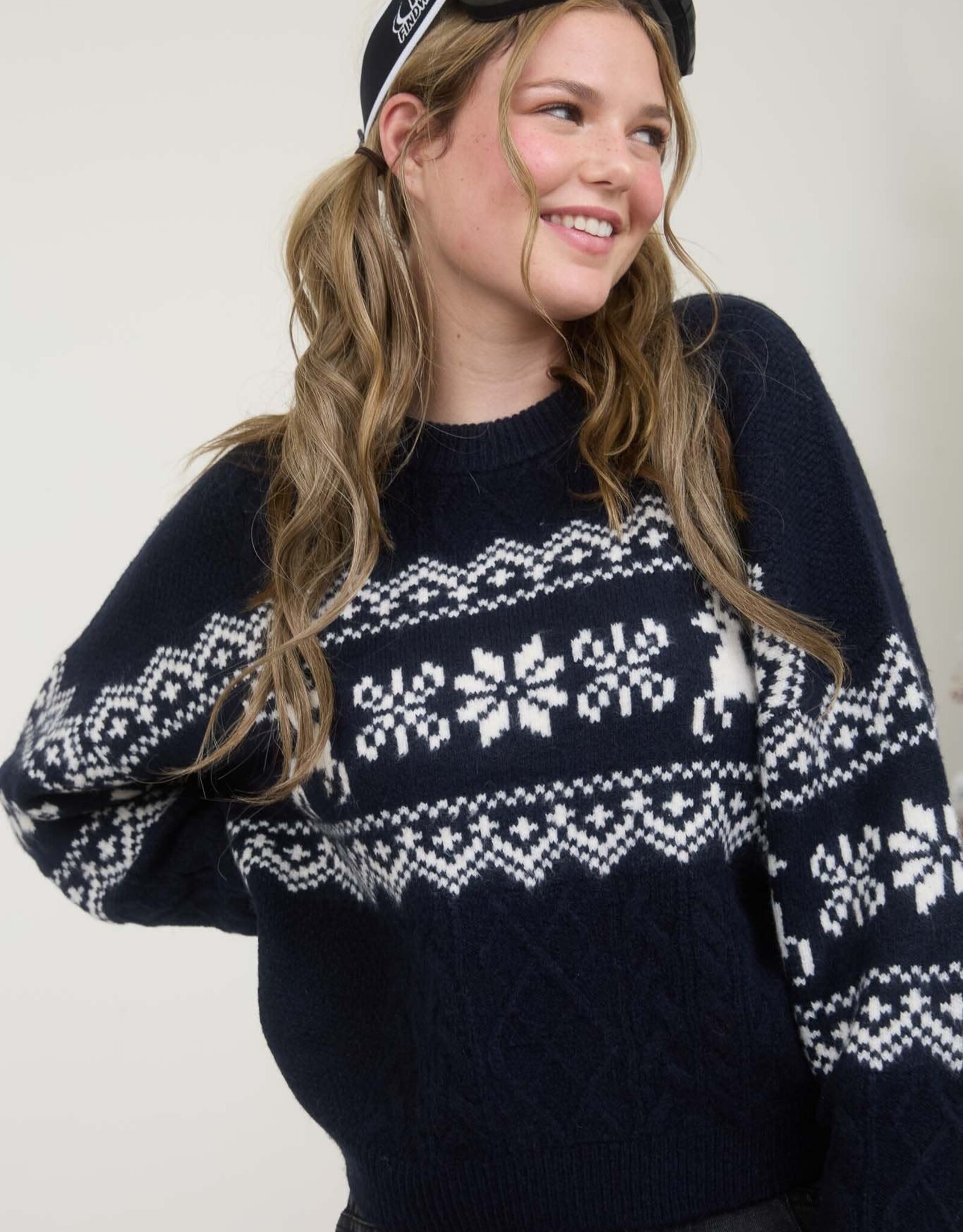 Miss Bliss Blu Snowflake Deer Cable Knit Pullover- Navy