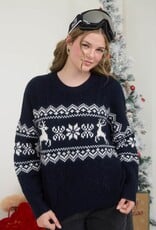 Miss Bliss Blu Snowflake Deer Cable Knit Pullover- Navy
