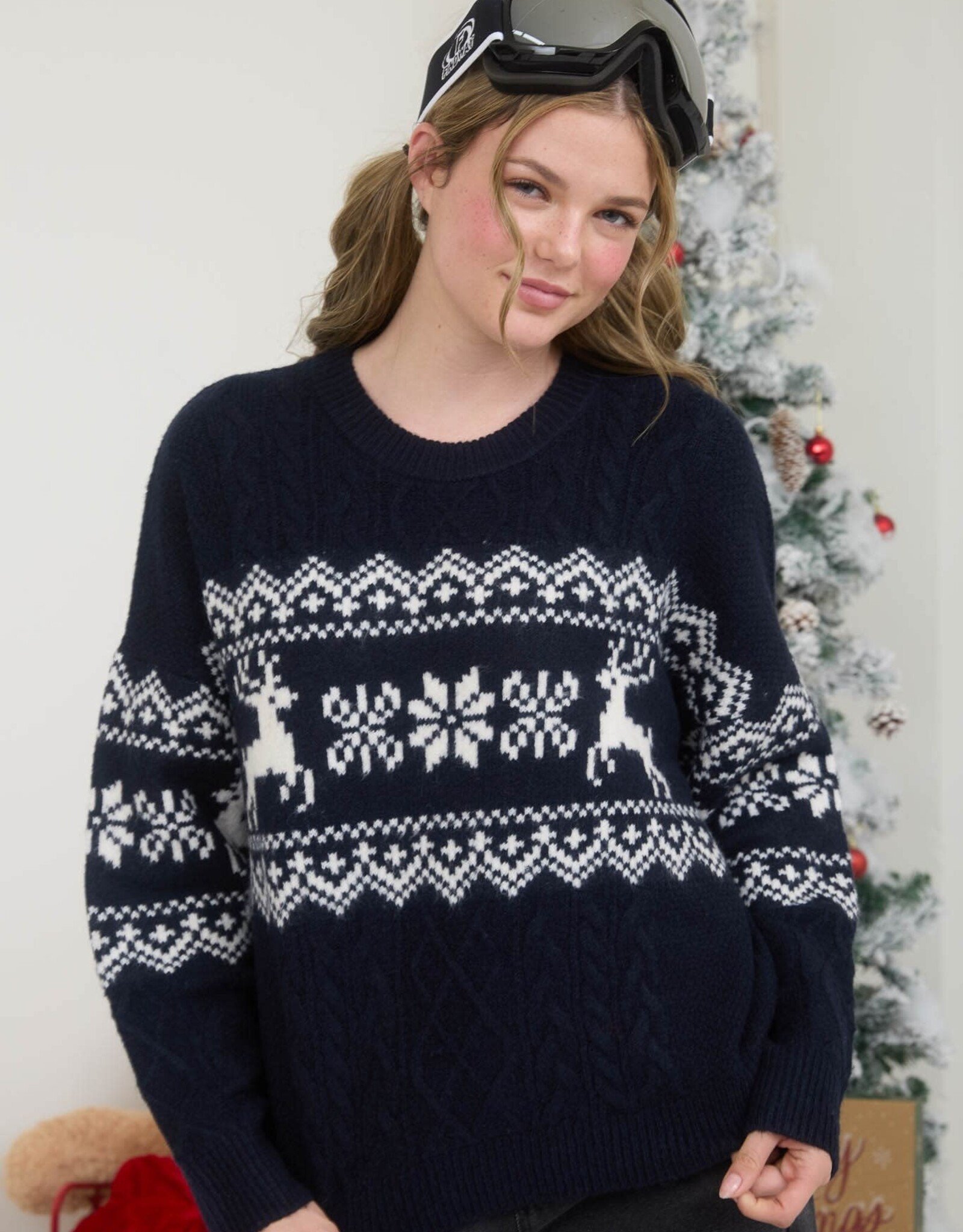 Miss Bliss Blu Snowflake Deer Cable Knit Pullover- Navy