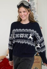 Miss Bliss Blu Snowflake Deer Cable Knit Pullover- Navy