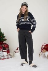 Miss Bliss Blu Snowflake Deer Cable Knit Pullover- Navy