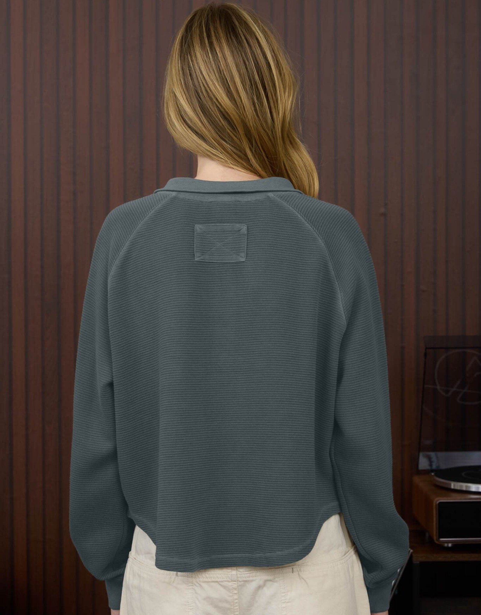 Miss Bliss Blu Mock Neck Half Snap Button Long Sleeve- Denim