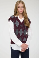 Miss Bliss Blu Argyle V Neck Sleeveless Knit Pullover Vest- Oxblood/multi
