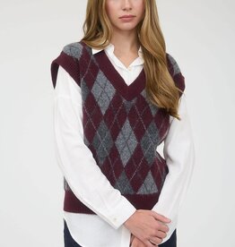 Miss Bliss Argyle V Neck Sleeveless Knit Pullover Vest- Oxblood/multi